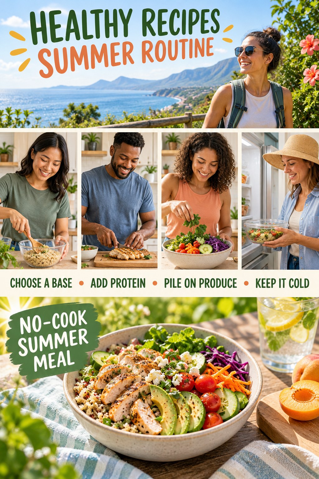 Healthy Recipes summer routine graphic titled No-Cook Summer Meal with four practical wellness prompts.