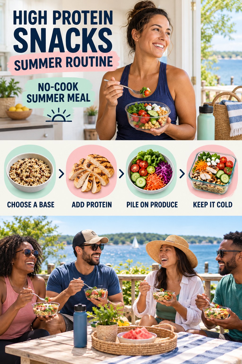 High Protein Snacks summer routine graphic titled No-Cook Summer Meal with four practical wellness prompts.