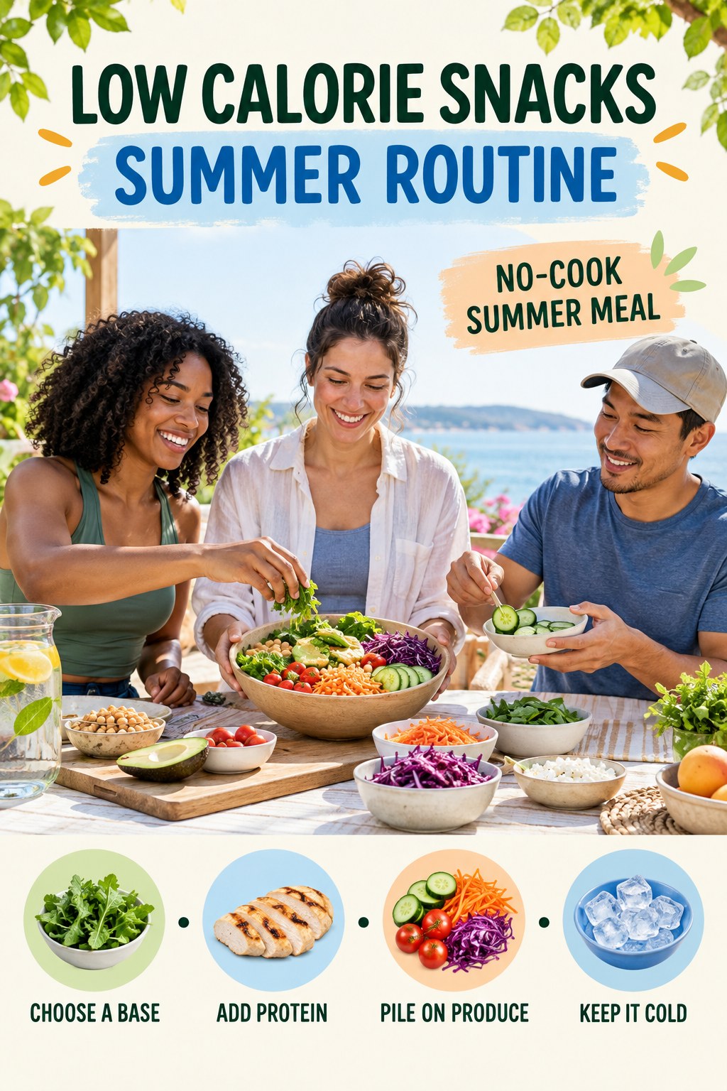Low Calorie Snacks summer routine graphic titled No-Cook Summer Meal with four practical wellness prompts.