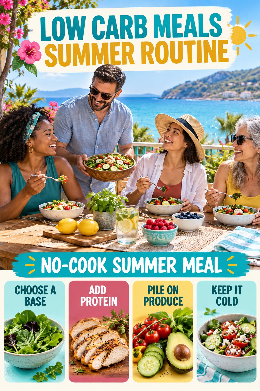 Low Carb Meals summer routine graphic titled No-Cook Summer Meal with four practical wellness prompts.