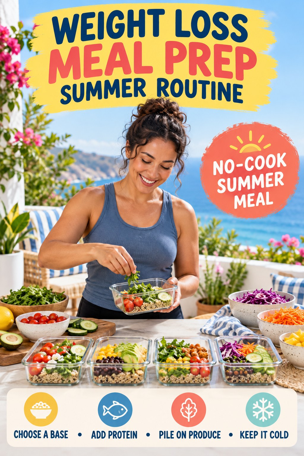 Weight Loss Meal Prep summer routine graphic titled No-Cook Summer Meal with four practical wellness prompts.