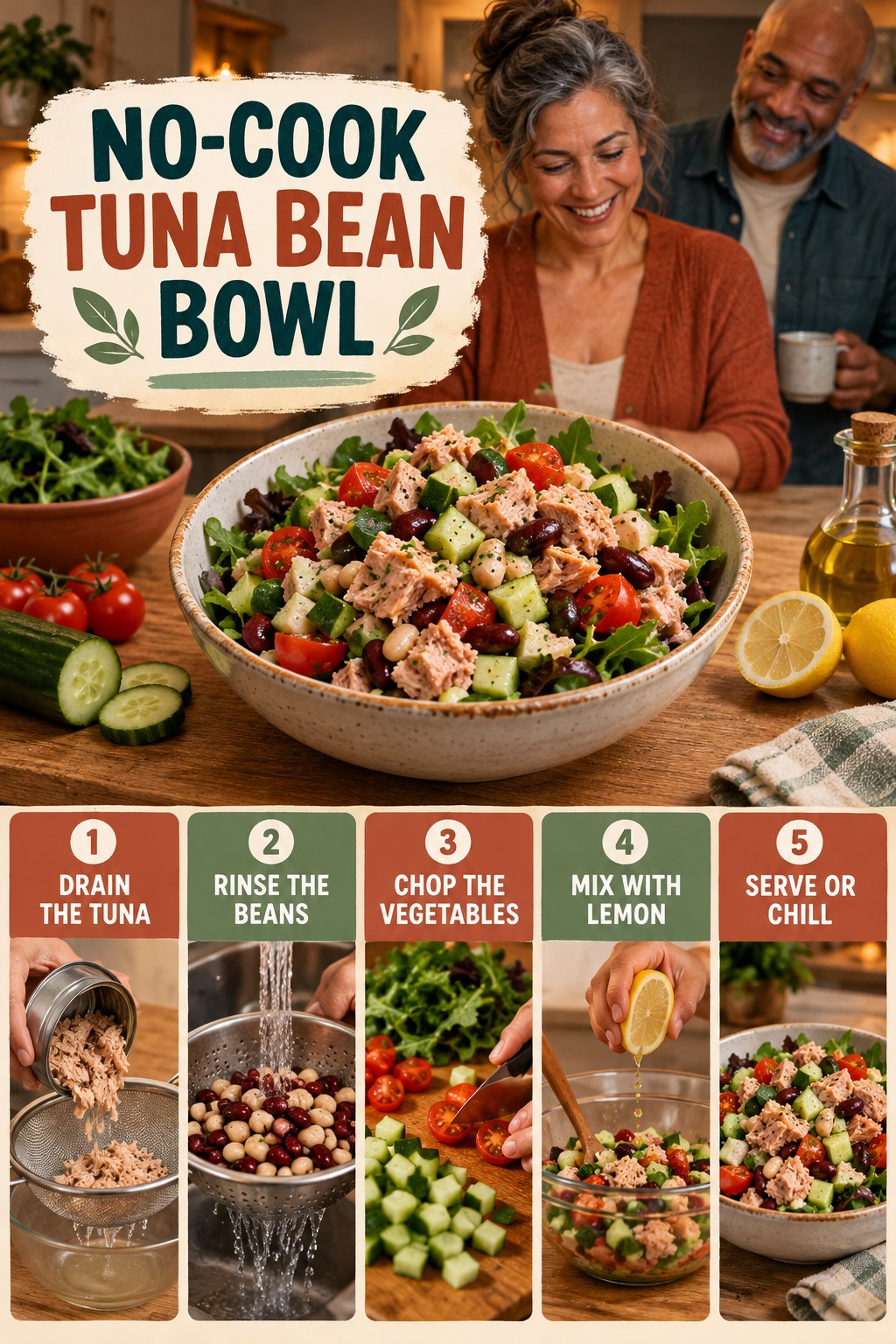 No-Cook Tuna Bean Bowl for Weight Loss After 40 with five readable preparation cues and a realistic finished dish.