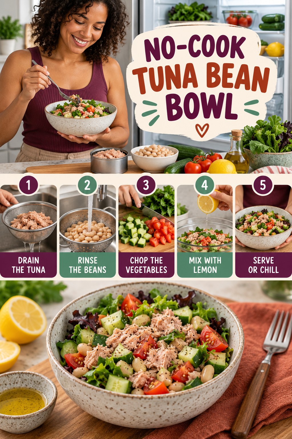 No-Cook Tuna Bean Bowl for Weight Loss Motivation with five readable preparation cues and a realistic finished dish.