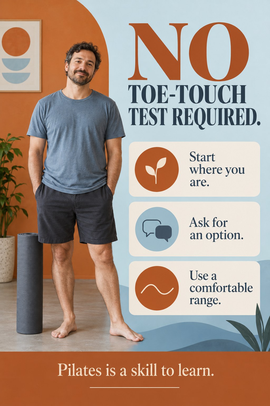 Adult man standing comfortably beside a rolled Pilates mat in a simple studio.