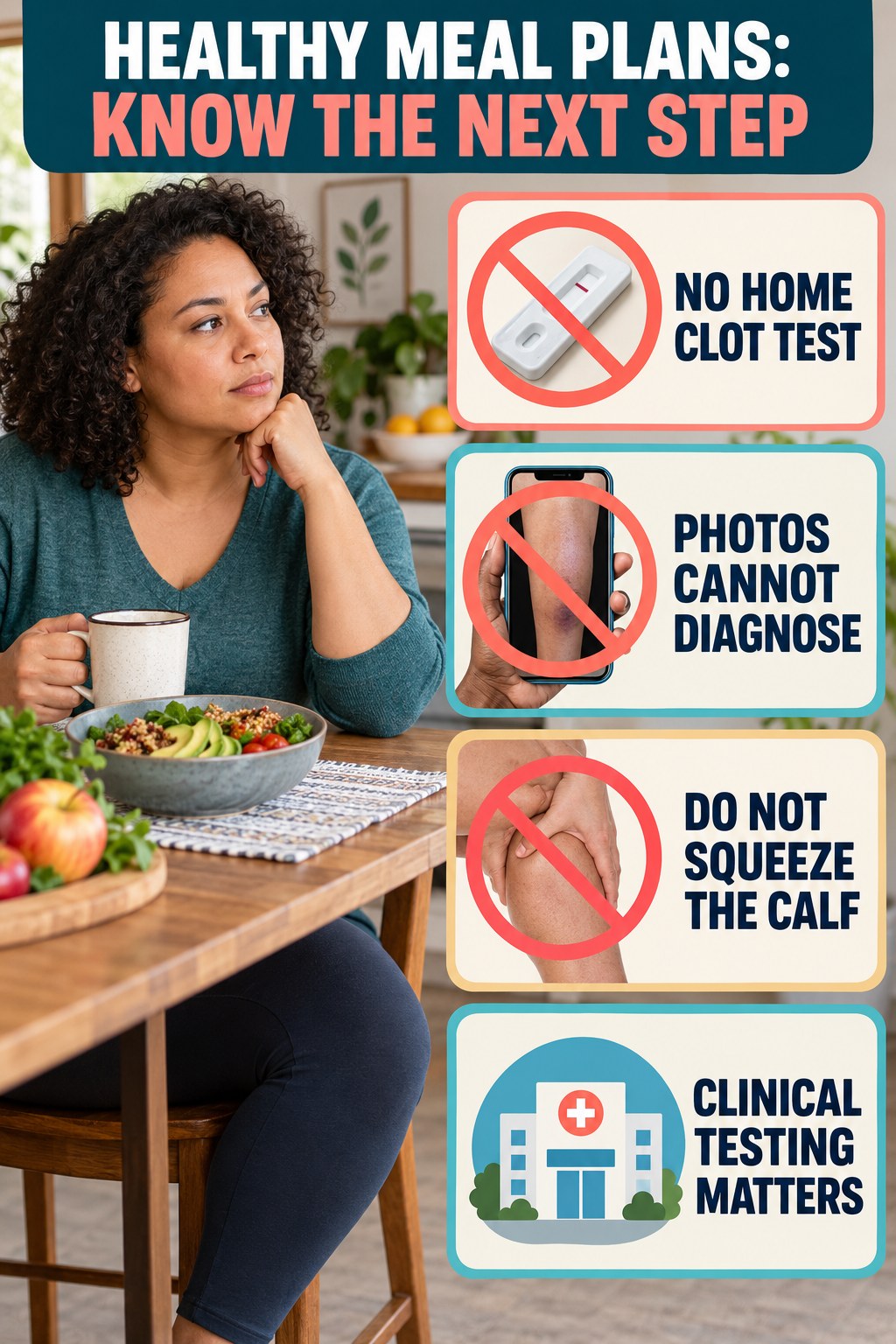 No Home Clot Test infographic for Healthy Meal Plans, explaining vein-health warning signs and the appropriate next action without diagnosing a condition.