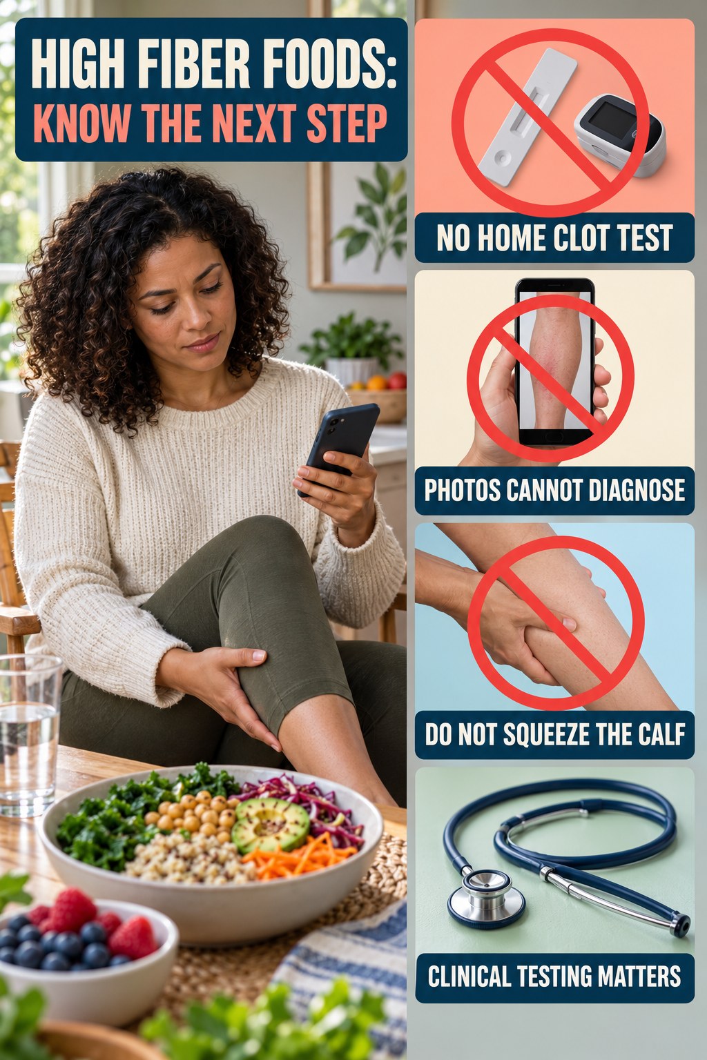 No Home Clot Test infographic for High Fiber Foods, explaining vein-health warning signs and the appropriate next action without diagnosing a condition.