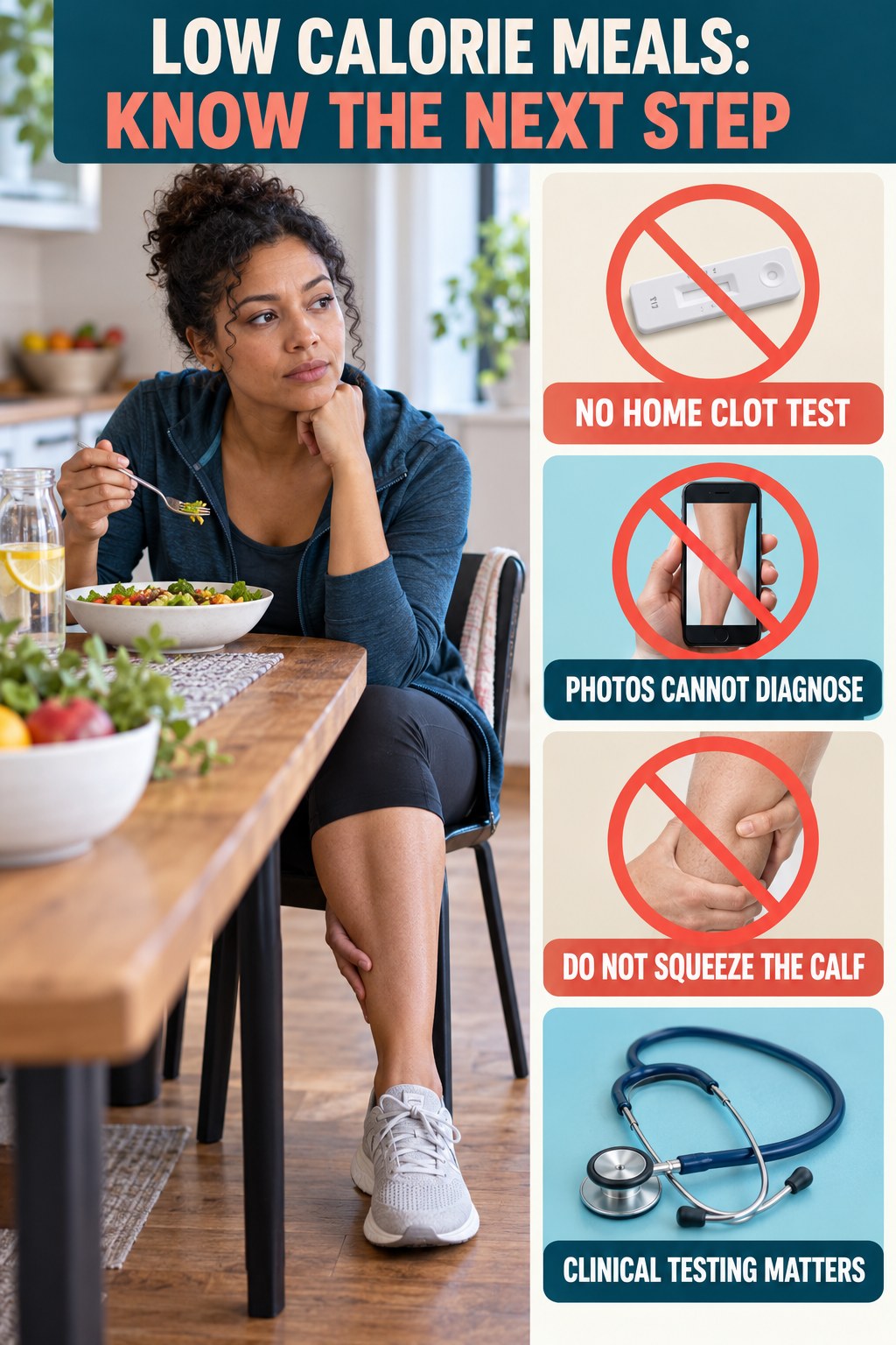 No Home Clot Test infographic for Low Calorie Meals, explaining vein-health warning signs and the appropriate next action without diagnosing a condition.