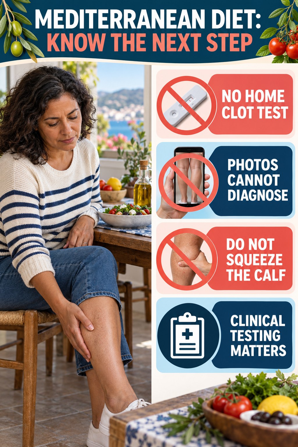 No Home Clot Test infographic for Mediterranean Diet, explaining vein-health warning signs and the appropriate next action without diagnosing a condition.