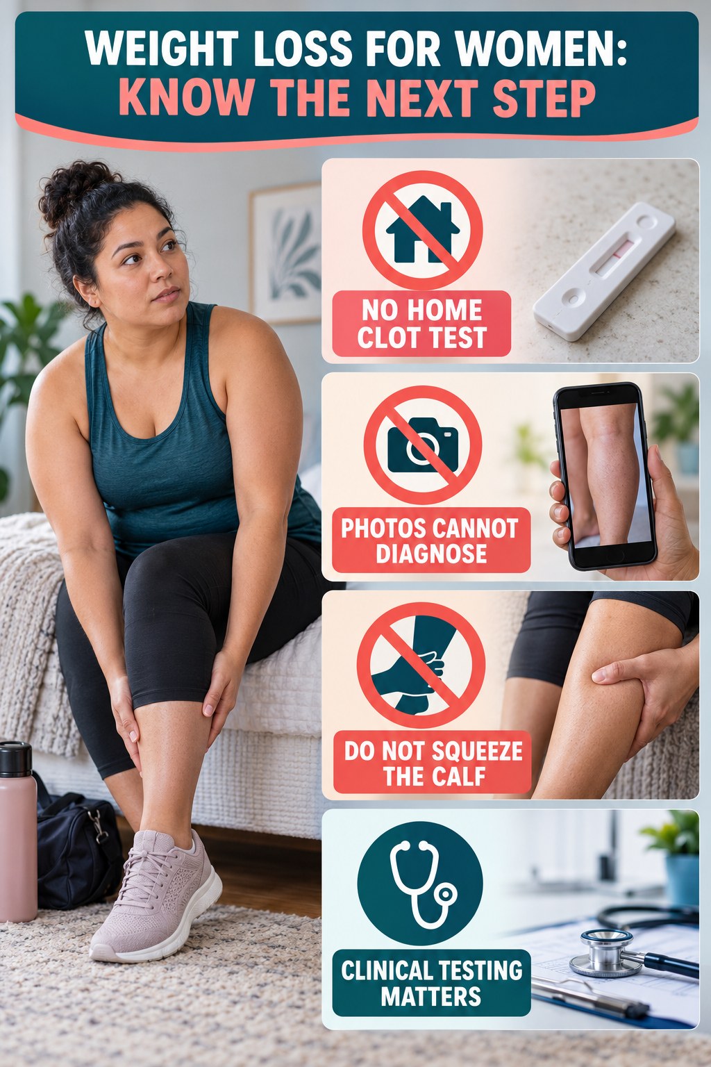 No Home Clot Test infographic for Weight Loss for Women, explaining vein-health warning signs and the appropriate next action without diagnosing a condition.