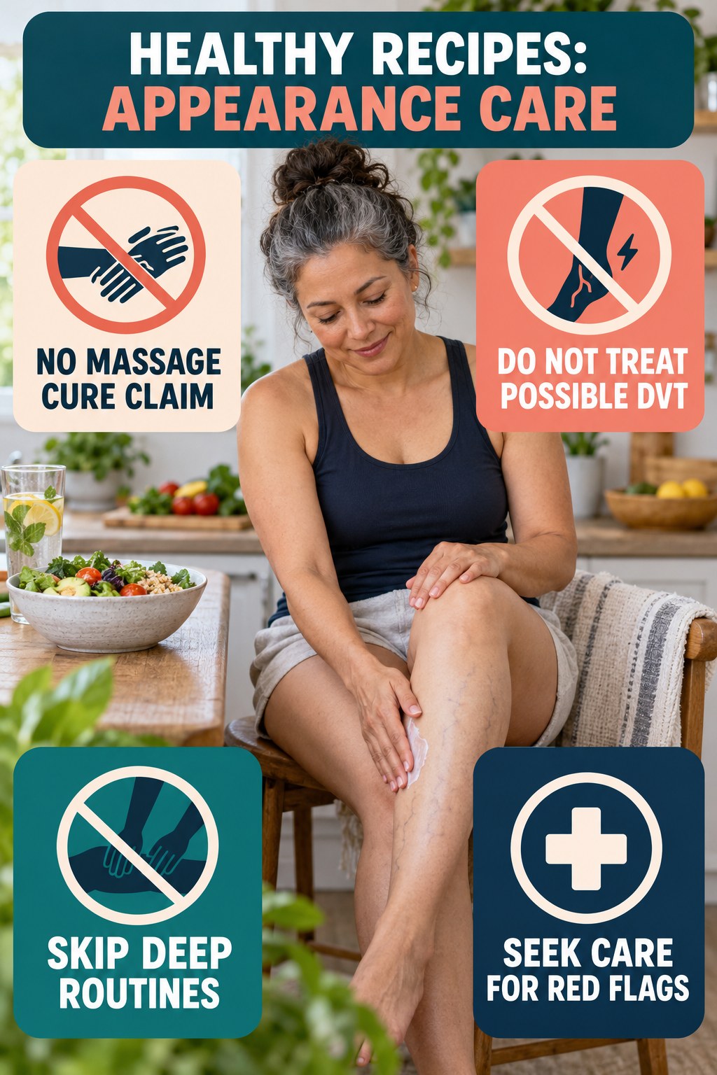 No Massage Cure Claims infographic for Healthy Recipes, showing body-neutral visible-leg-vein appearance care and the boundary between temporary cosmetic support and treatment.