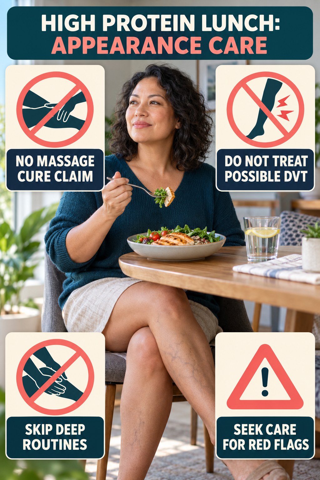 No Massage Cure Claims infographic for High Protein Lunch, showing body-neutral visible-leg-vein appearance care and the boundary between temporary cosmetic support and treatment.