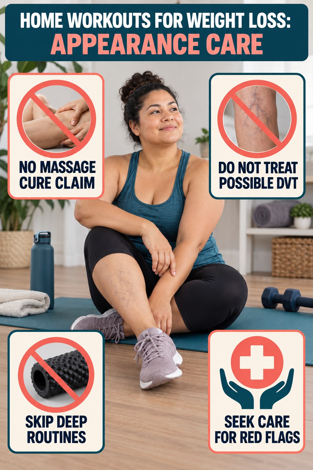 No Massage Cure Claims infographic for Home Workouts for Weight Loss, showing body-neutral visible-leg-vein appearance care and the boundary between temporary cosmetic support and treatment.