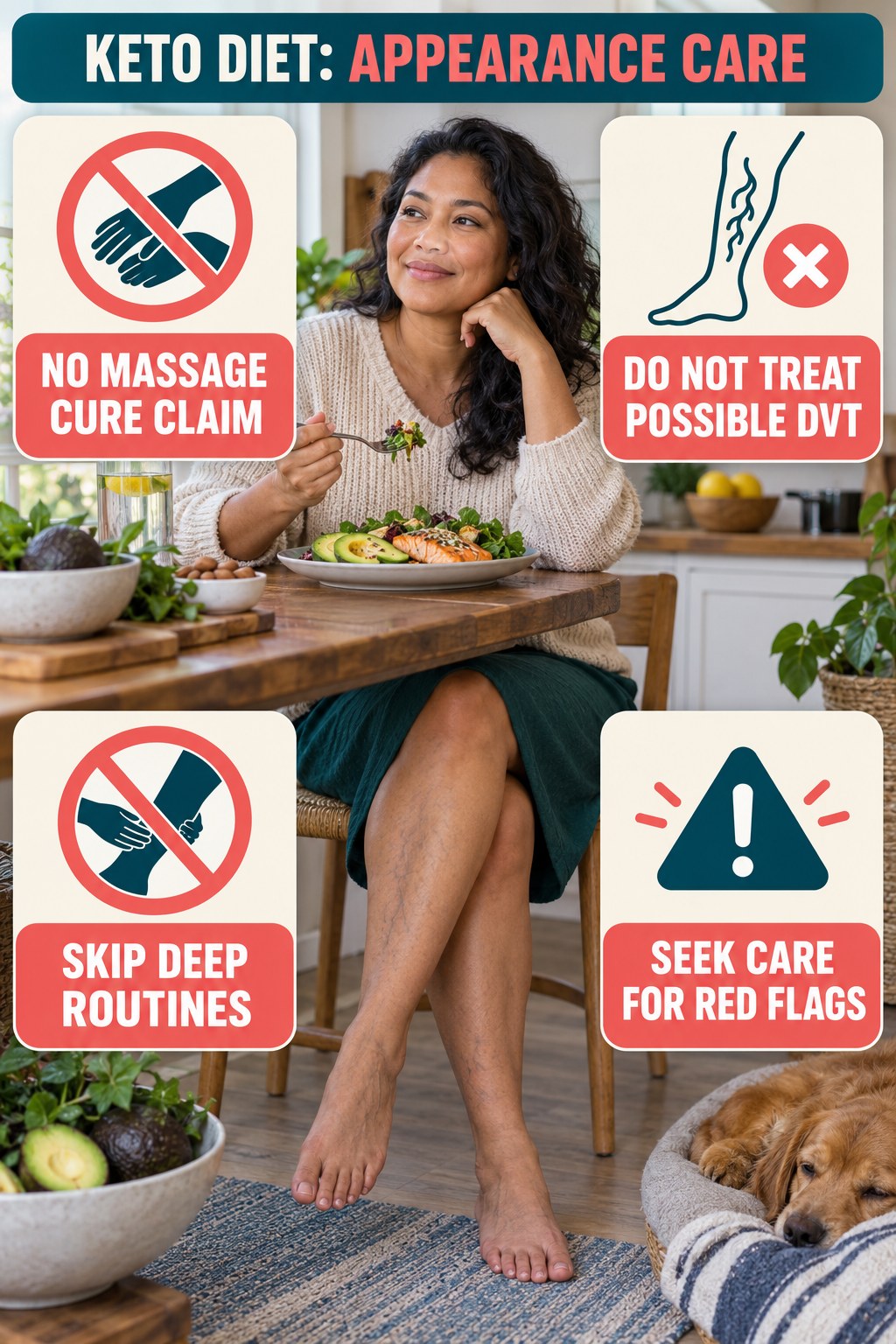 No Massage Cure Claims infographic for Keto Diet, showing body-neutral visible-leg-vein appearance care and the boundary between temporary cosmetic support and treatment.