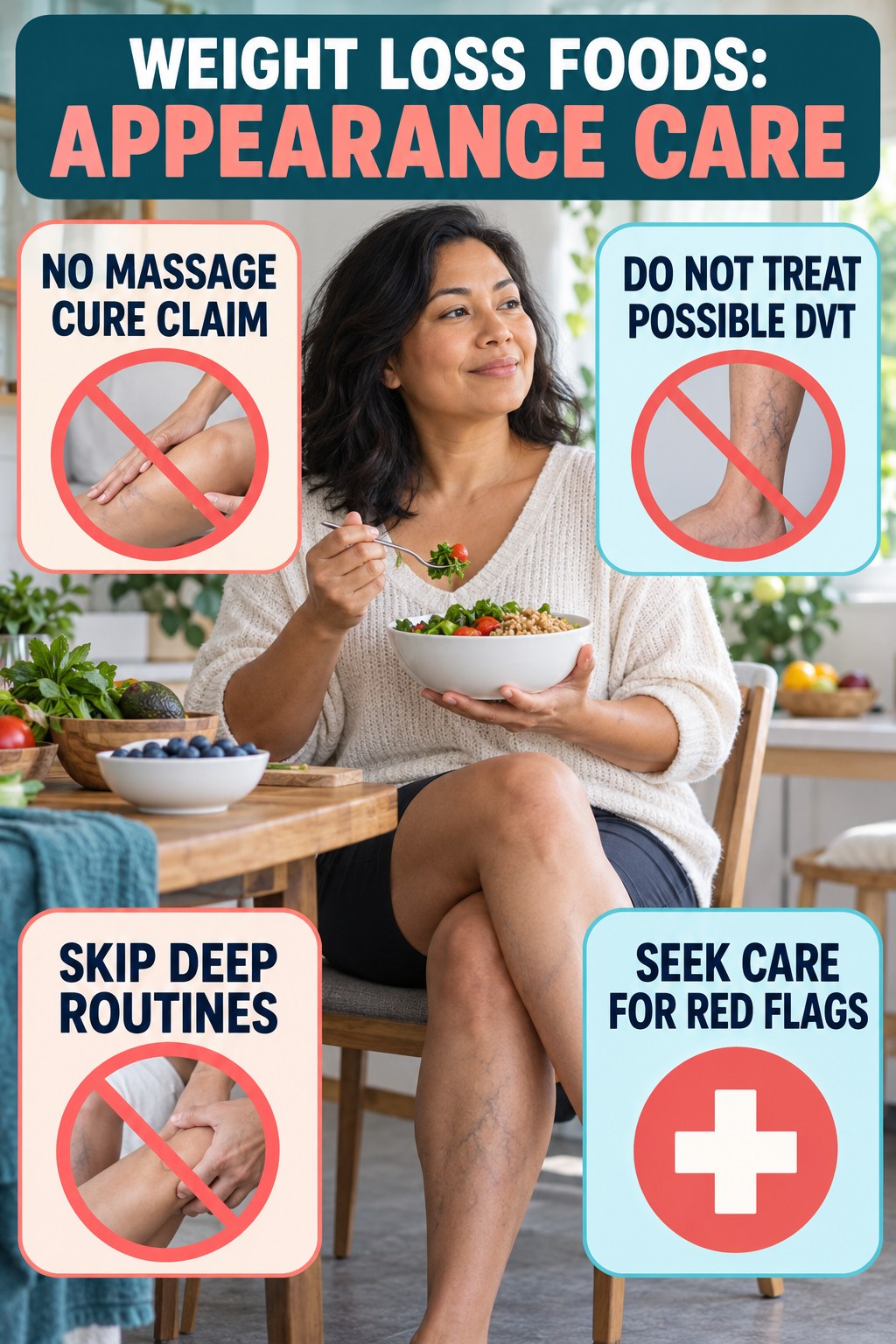 No Massage Cure Claims infographic for Weight Loss Foods, showing body-neutral visible-leg-vein appearance care and the boundary between temporary cosmetic support and treatment.