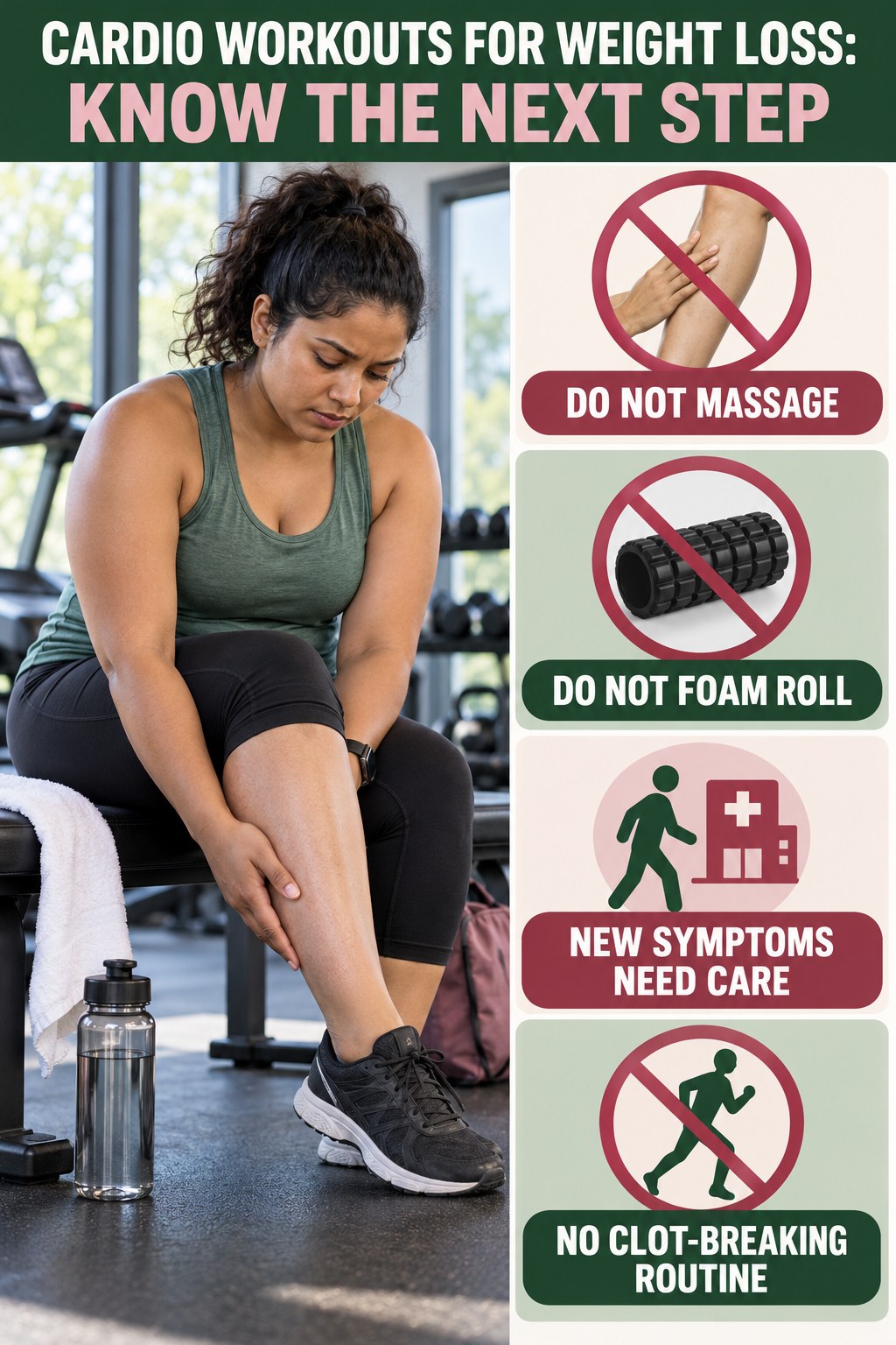 No Massage for Suspicious Symptoms infographic for Cardio Workouts for Weight Loss, explaining vein-health warning signs and the appropriate next action without diagnosing a condition.