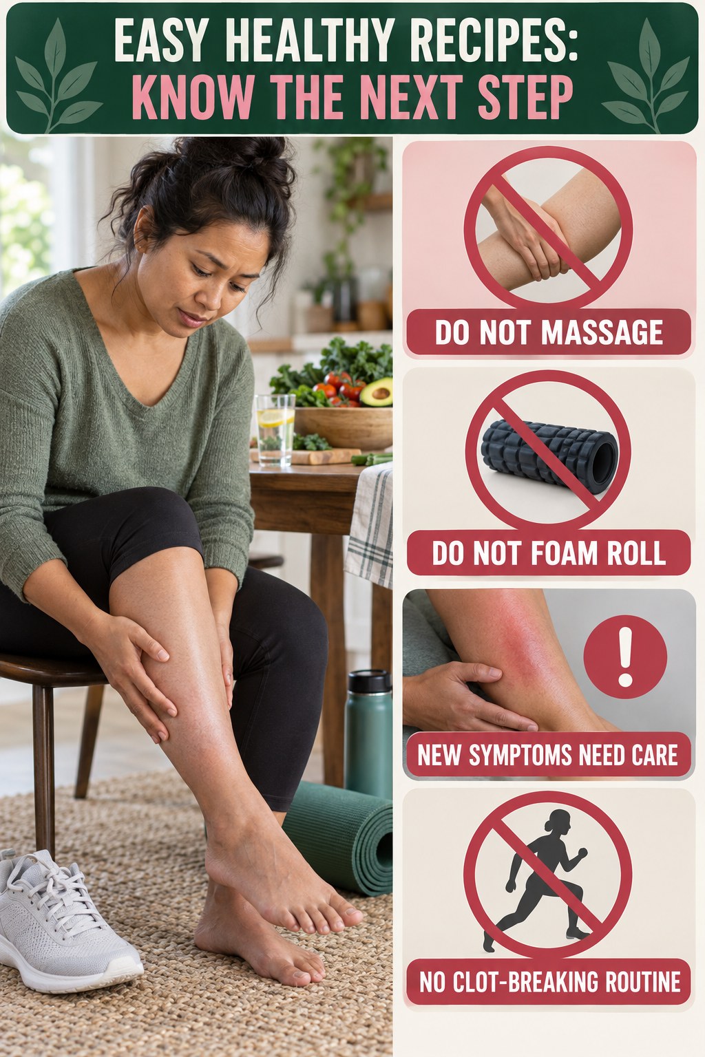 No Massage for Suspicious Symptoms infographic for Easy Healthy Recipes, explaining vein-health warning signs and the appropriate next action without diagnosing a condition.