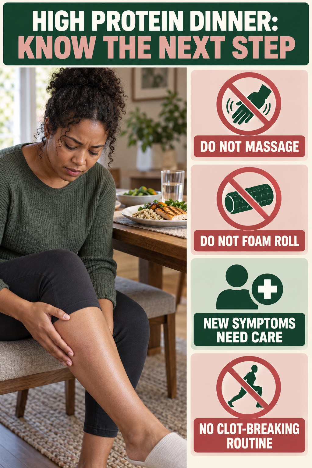 No Massage for Suspicious Symptoms infographic for High Protein Dinner, explaining vein-health warning signs and the appropriate next action without diagnosing a condition.