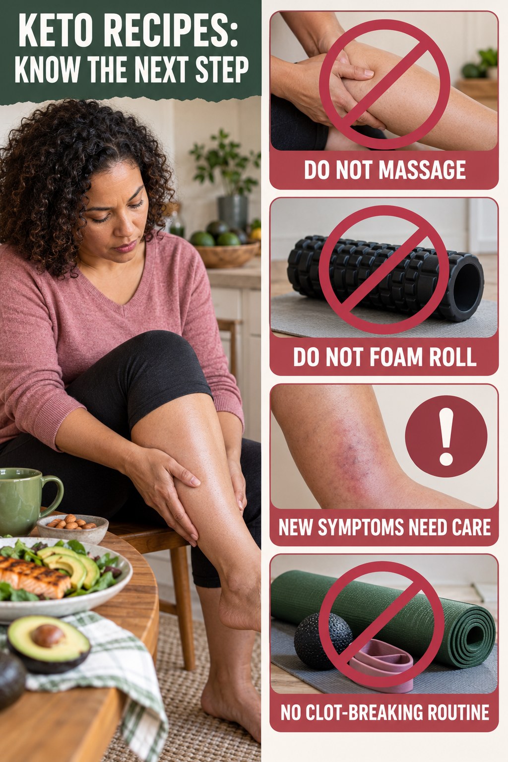 No Massage for Suspicious Symptoms infographic for Keto Recipes, explaining vein-health warning signs and the appropriate next action without diagnosing a condition.