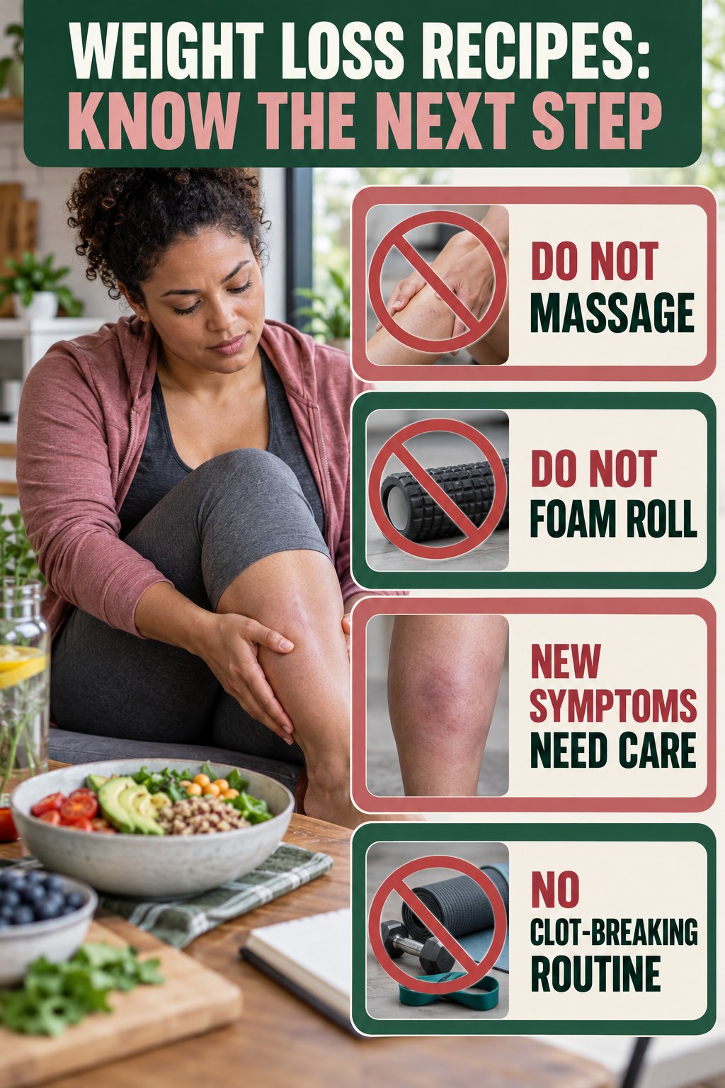 No Massage for Suspicious Symptoms infographic for Weight Loss Recipes, explaining vein-health warning signs and the appropriate next action without diagnosing a condition.
