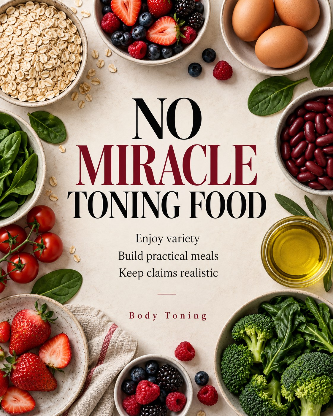 A varied selection of berries, oats, beans, eggs and vegetables arranged without a singled-out miracle ingredient.