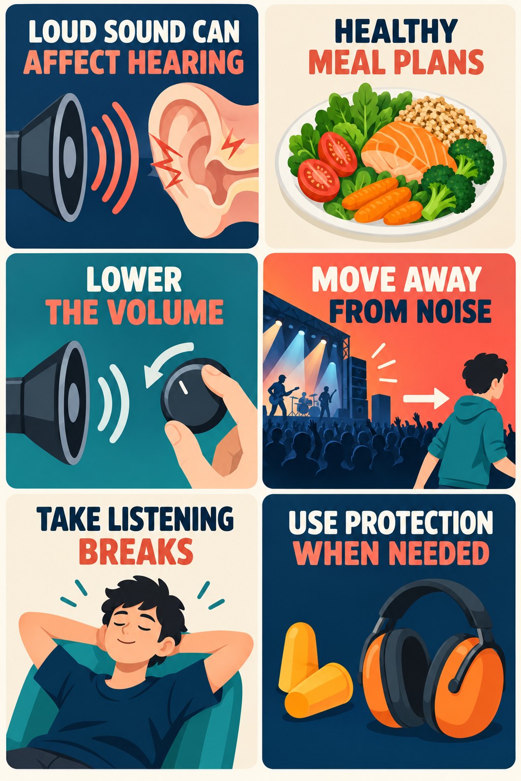 Noise Exposure and Tinnitus infographic for Healthy Meal Plans with four concise tinnitus-awareness points.