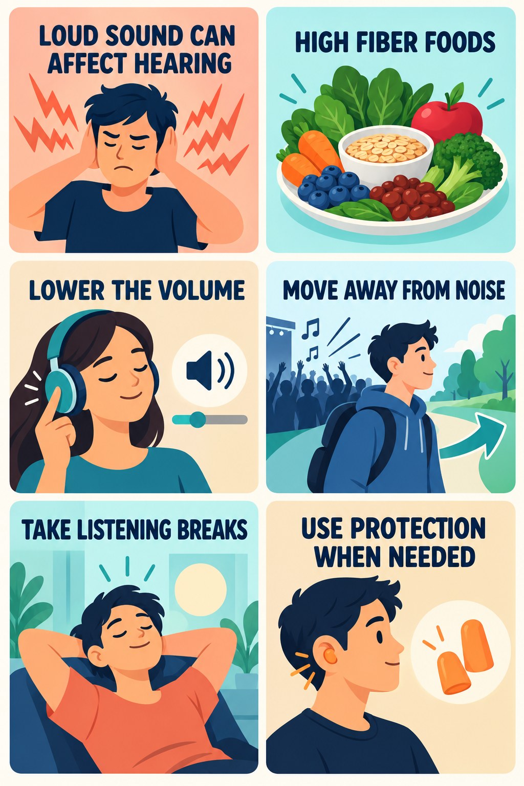 Noise Exposure and Tinnitus infographic for High Fiber Foods with four concise tinnitus-awareness points.