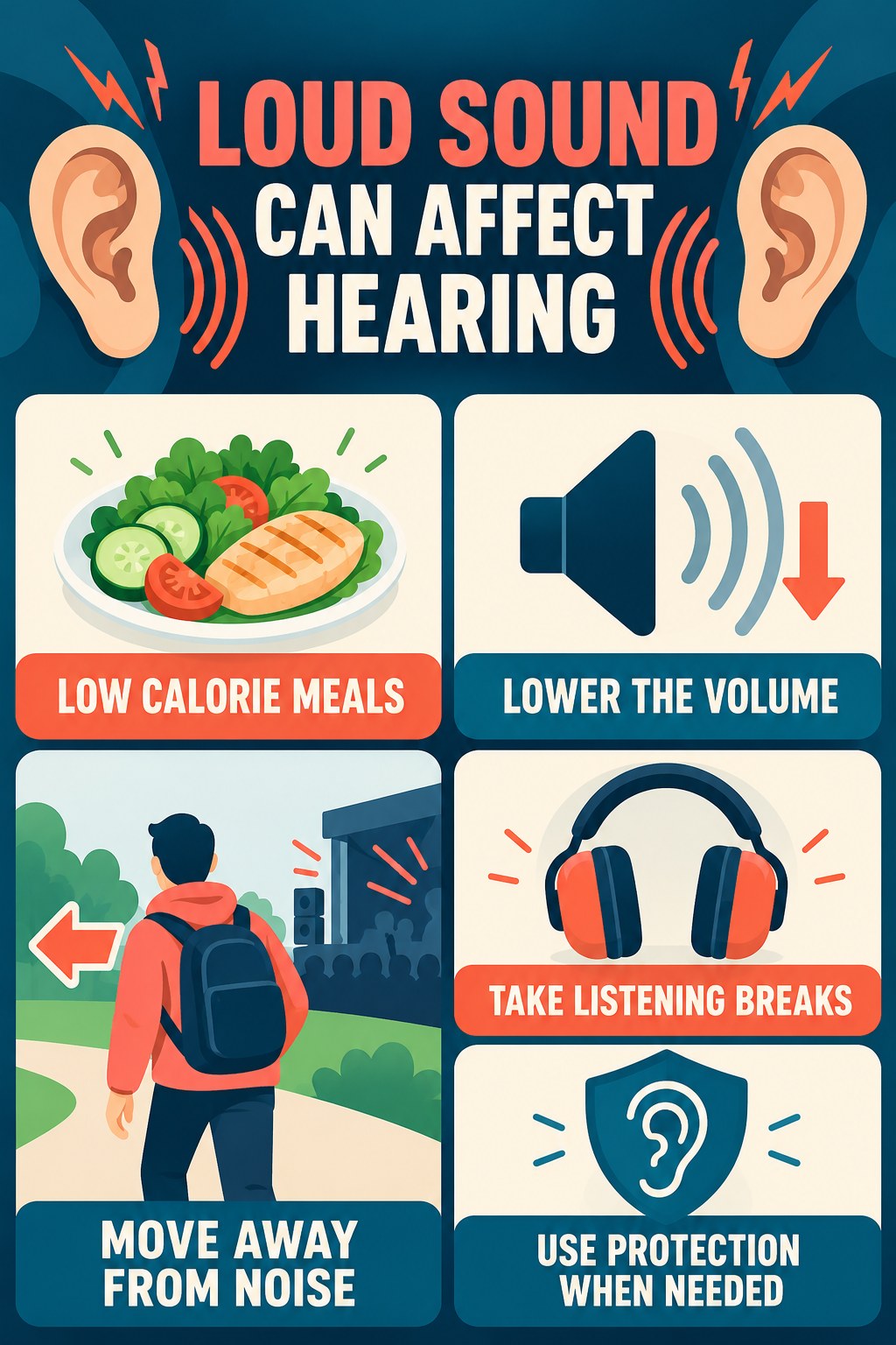 Noise Exposure and Tinnitus infographic for Low Calorie Meals with four concise tinnitus-awareness points.