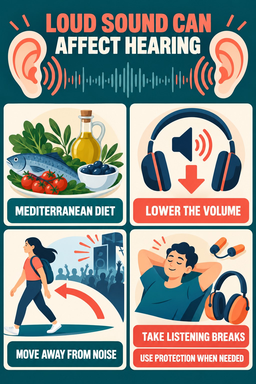 Noise Exposure and Tinnitus infographic for Mediterranean Diet with four concise tinnitus-awareness points.