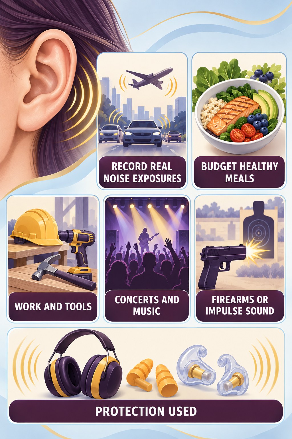 Noise-Exposure History infographic for Budget Healthy Meals with four concise evaluation-guidance points.