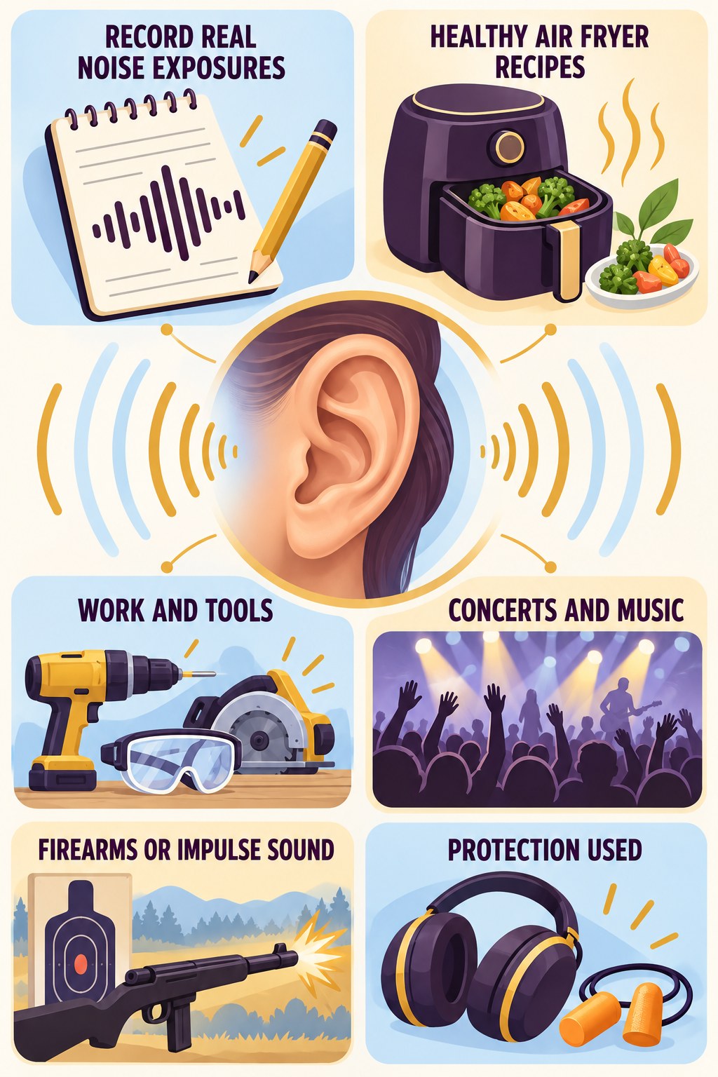 Noise-Exposure History infographic for Healthy Air Fryer Recipes with four concise evaluation-guidance points.