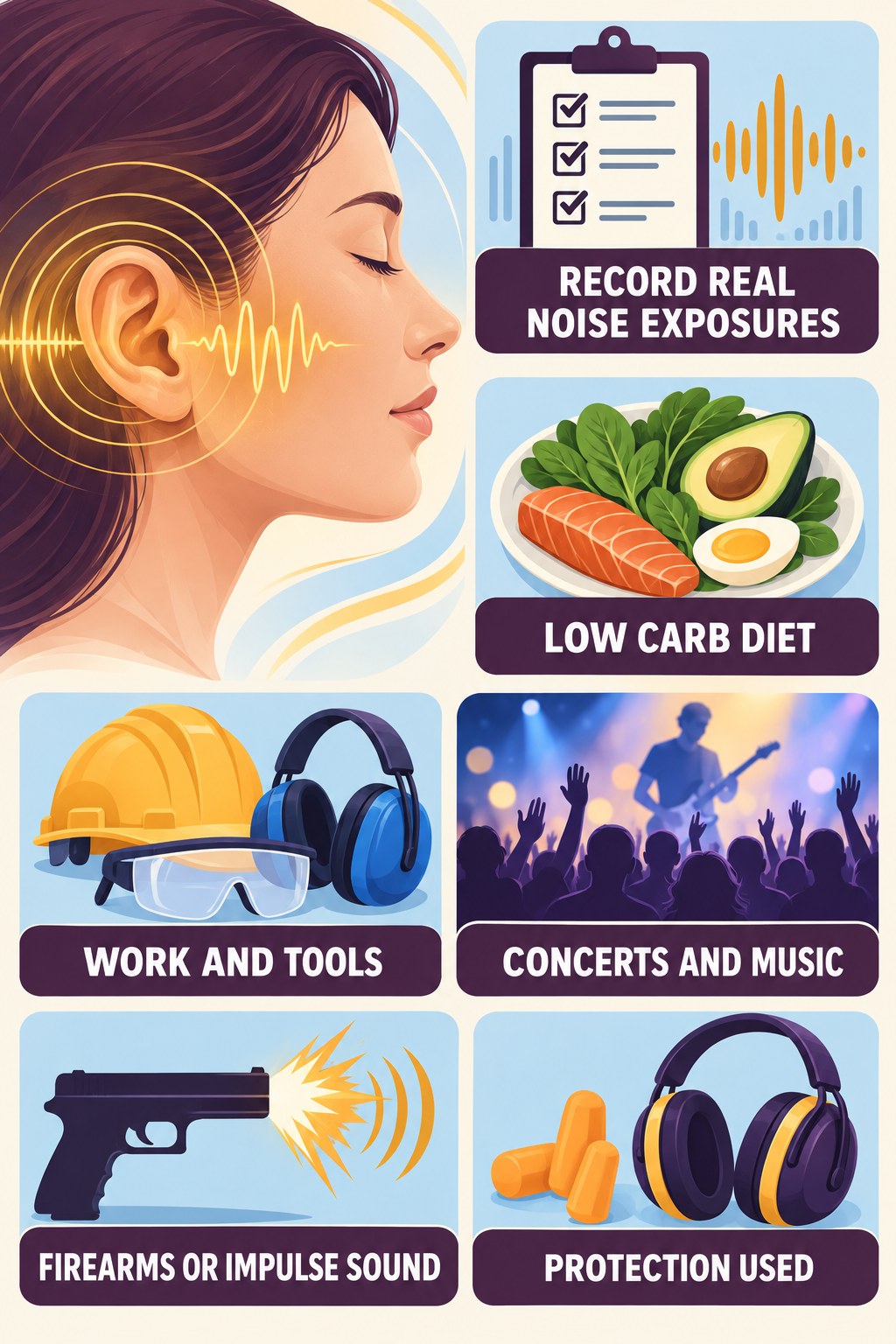 Noise-Exposure History infographic for Low Carb Diet with four concise evaluation-guidance points.