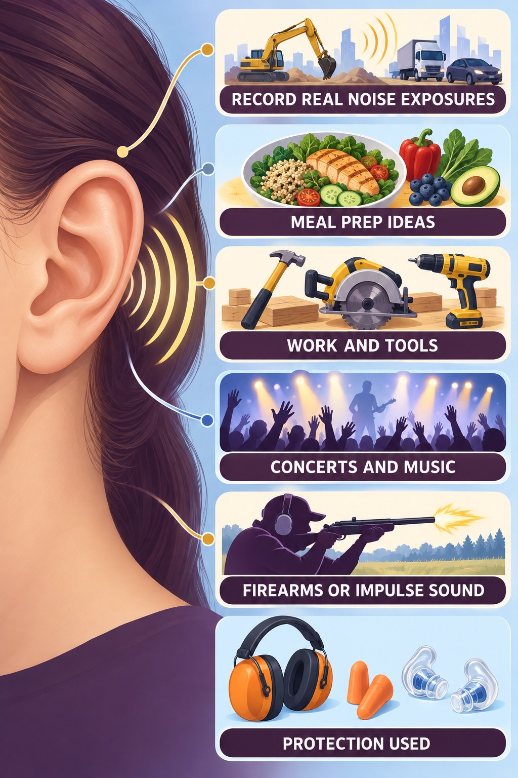 Noise-Exposure History infographic for Meal Prep Ideas with four concise evaluation-guidance points.