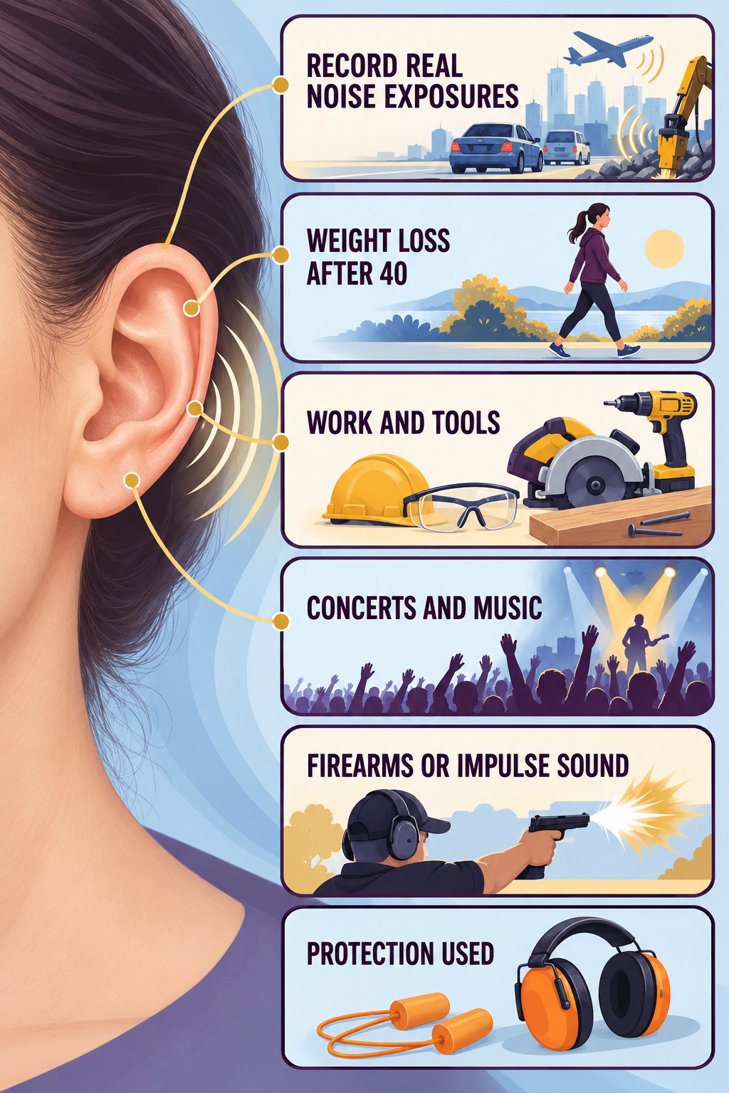 Noise-Exposure History infographic for Weight Loss After 40 with four concise evaluation-guidance points.