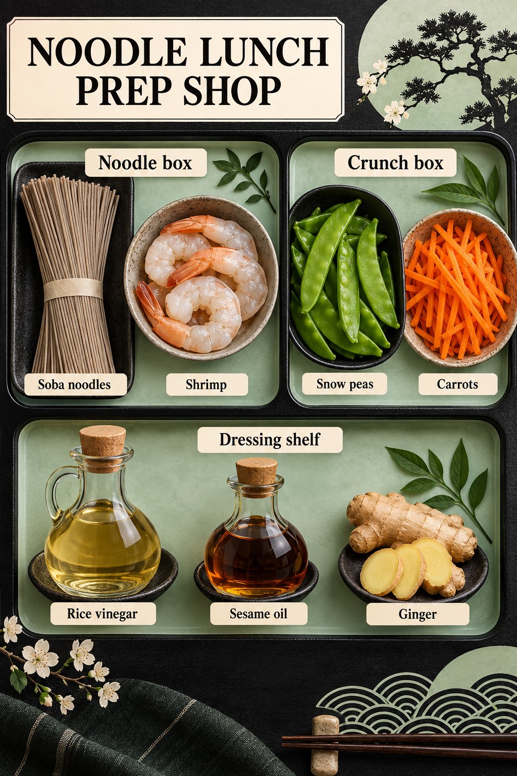 Jade and charcoal bento grocery grid listing soba, shrimp, snow peas, carrots, rice vinegar, sesame oil and ginger.