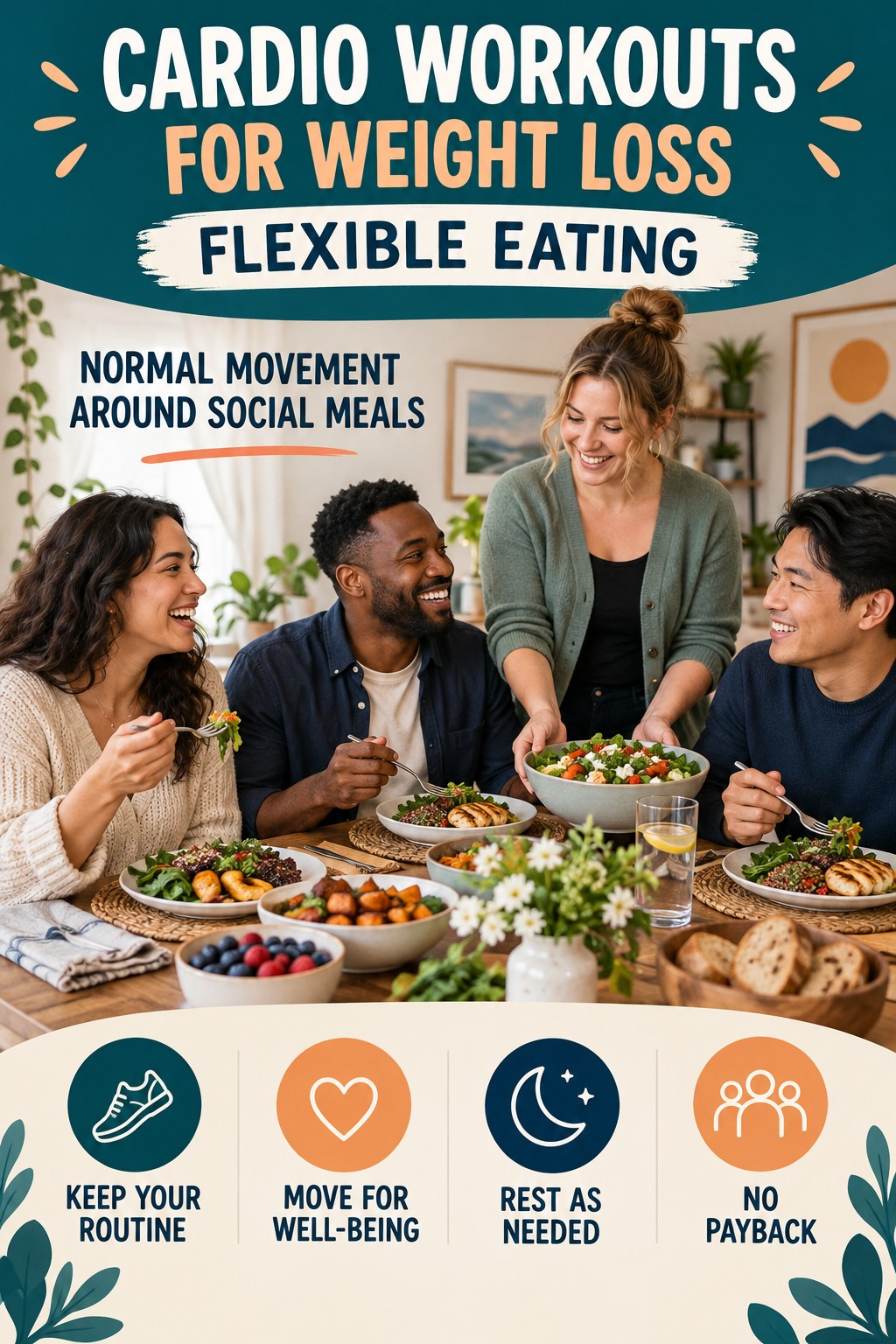 Cardio Workouts for Weight Loss flexible eating graphic titled Normal Movement Around Social Meals with four practical balance prompts.