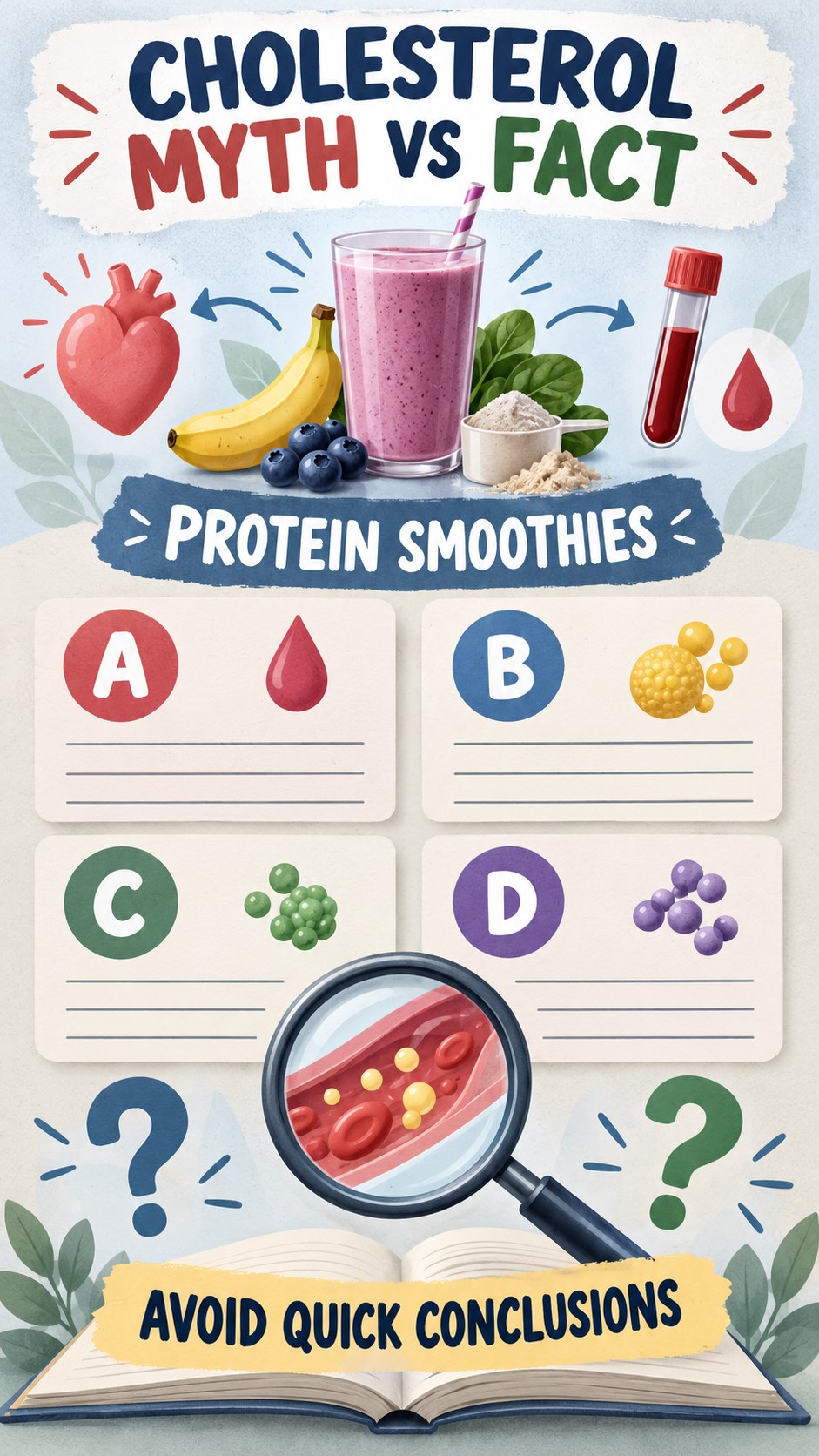 Cholesterol Myth Versus Fact infographic for Protein Smoothies, using a non-numerical educational lipid-panel layout with question and context icons.