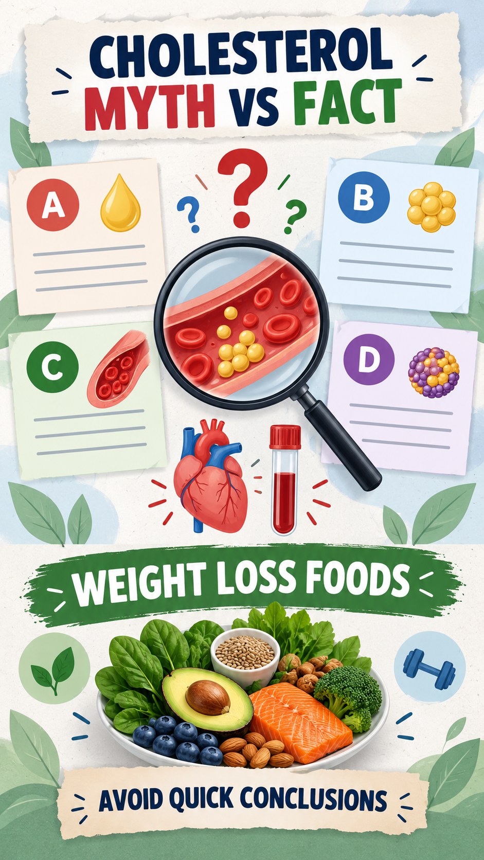 Cholesterol Myth Versus Fact infographic for Weight Loss Foods, using a non-numerical educational lipid-panel layout with question and context icons.