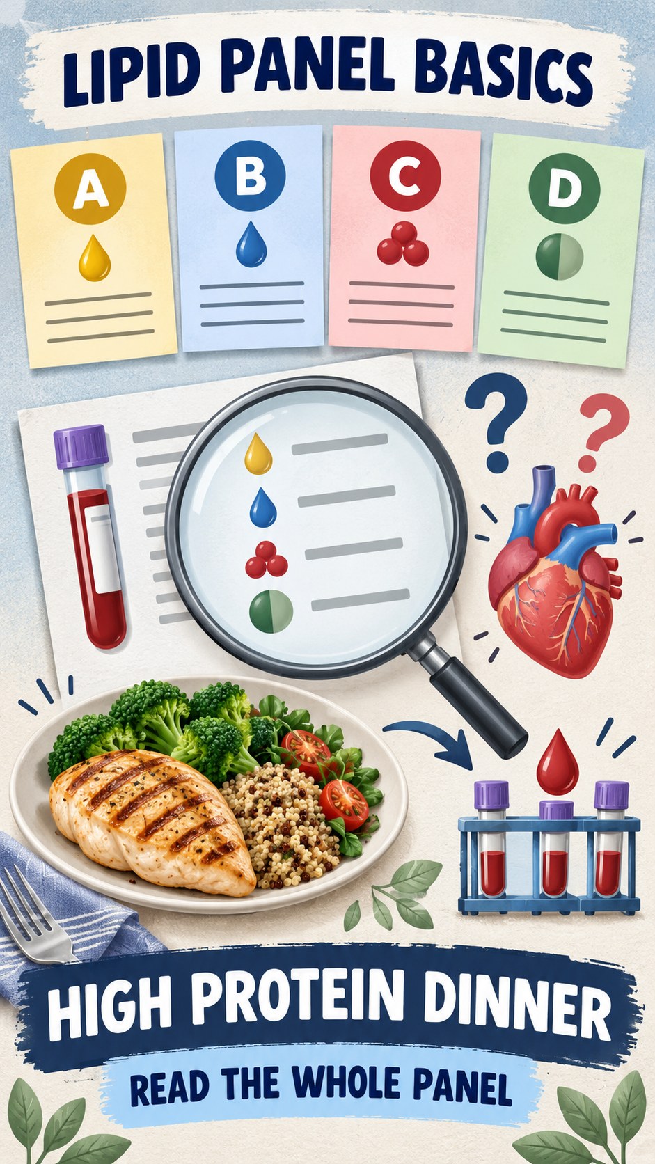 Lipid Panel Basics infographic for High Protein Dinner, using a non-numerical educational lipid-panel layout with question and context icons.