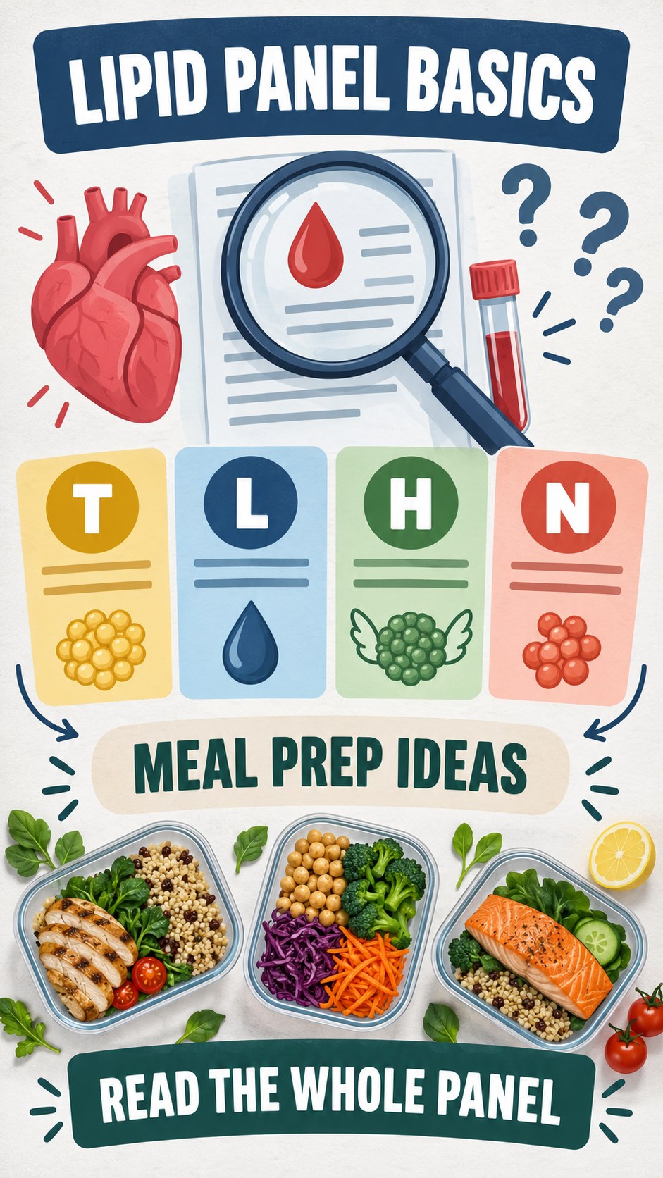 Lipid Panel Basics infographic for Meal Prep Ideas, using a non-numerical educational lipid-panel layout with question and context icons.