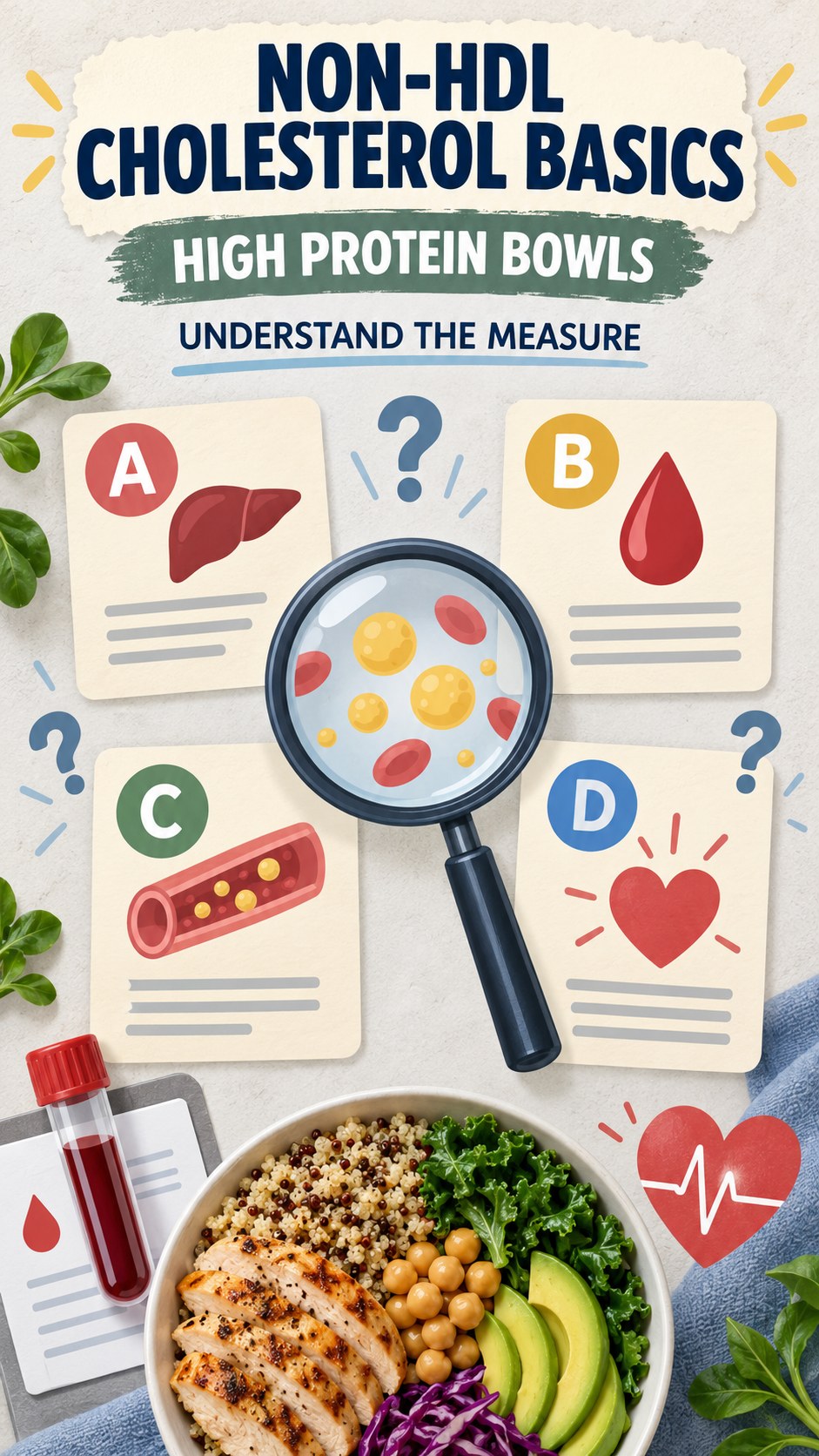 Non-HDL Cholesterol Basics infographic for High Protein Bowls, using a non-numerical educational lipid-panel layout with question and context icons.
