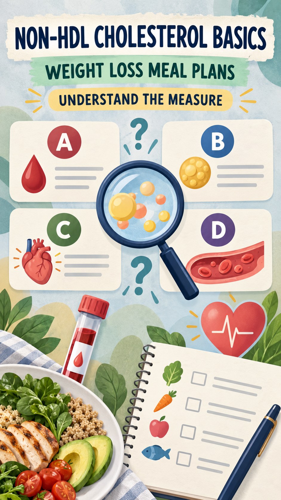 Non-HDL Cholesterol Basics infographic for Weight Loss Meal Plans, using a non-numerical educational lipid-panel layout with question and context icons.