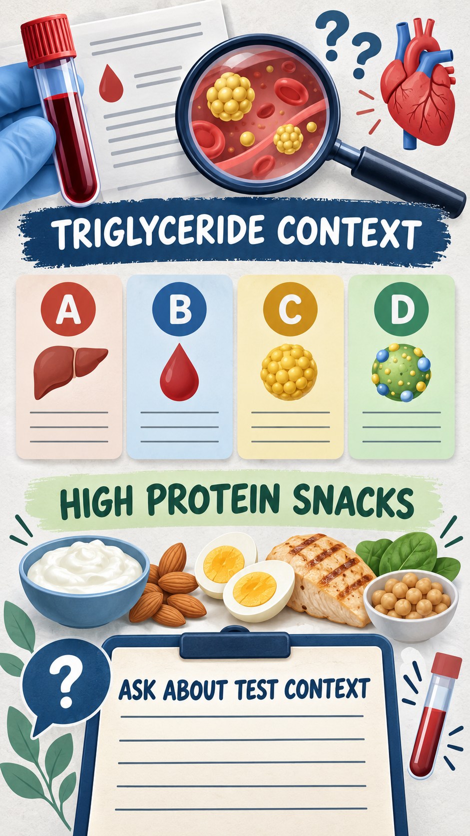 Triglyceride Context Checklist infographic for High Protein Snacks, using a non-numerical educational lipid-panel layout with question and context icons.