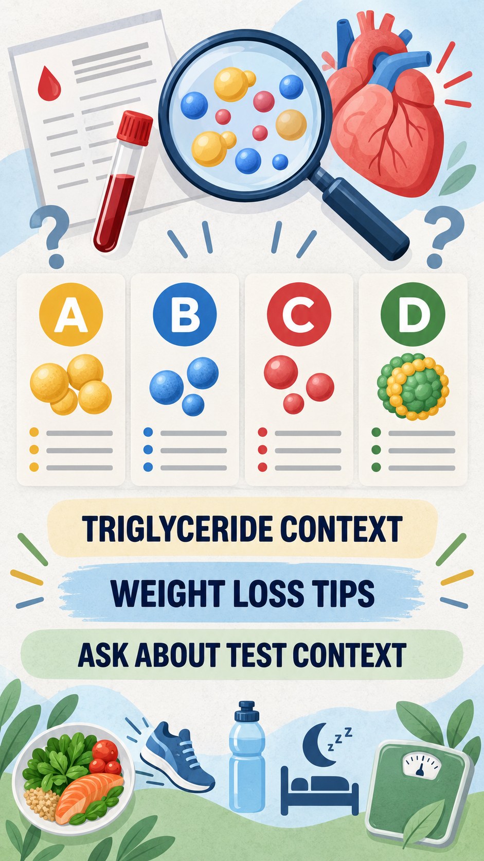 Triglyceride Context Checklist infographic for Weight Loss Tips, using a non-numerical educational lipid-panel layout with question and context icons.