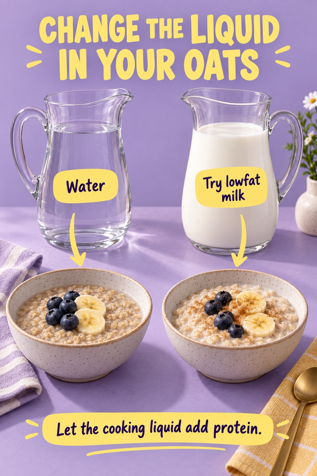 Lavender breakfast graphic compares water and lowfat milk pitchers flowing into matching oatmeal bowls.