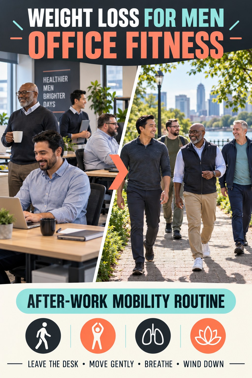Weight Loss for Men office-fitness graphic titled After-Work Mobility Routine with four practical workday movement prompts.