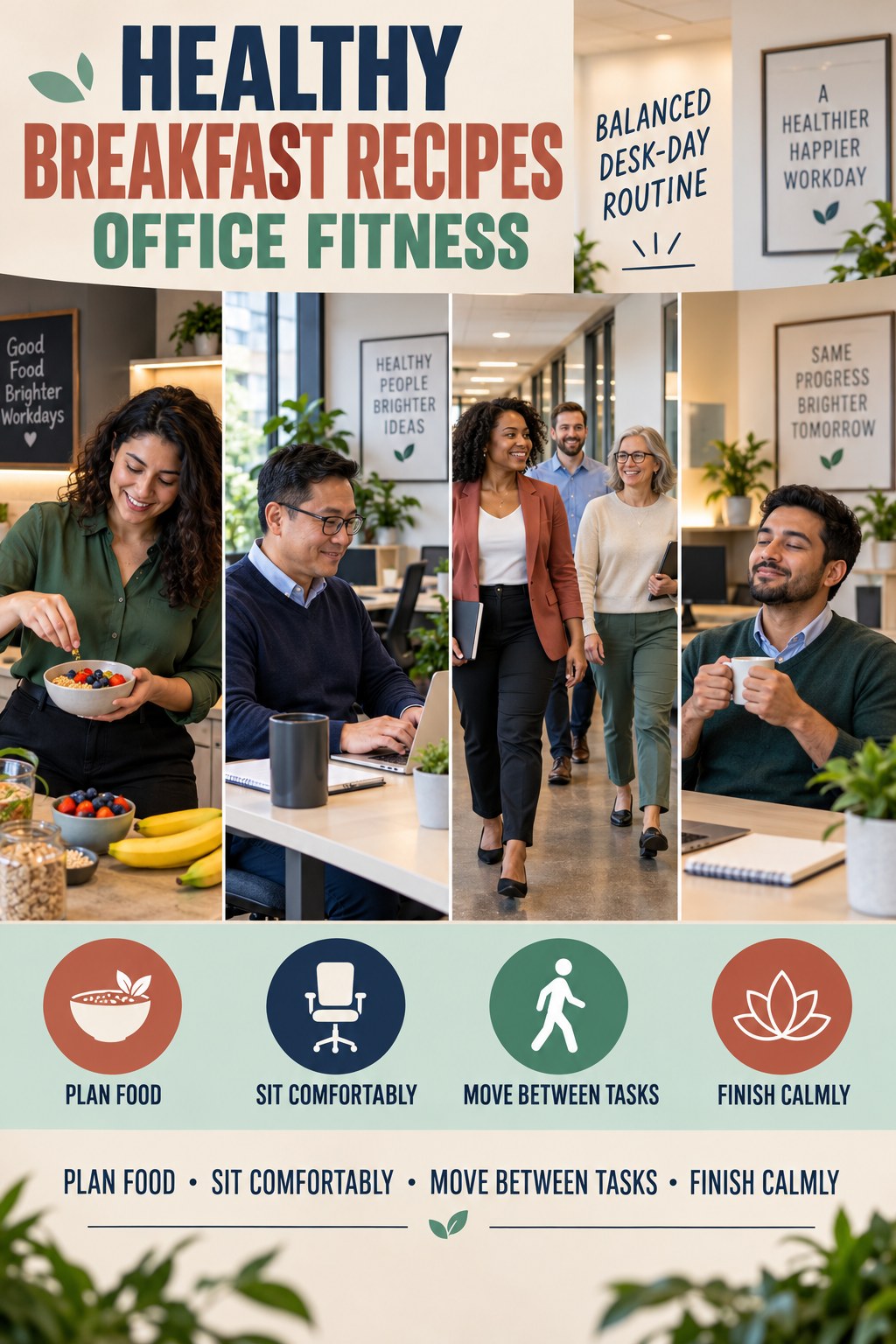Healthy Breakfast Recipes office-fitness graphic titled Balanced Desk-Day Routine with four practical workday movement prompts.
