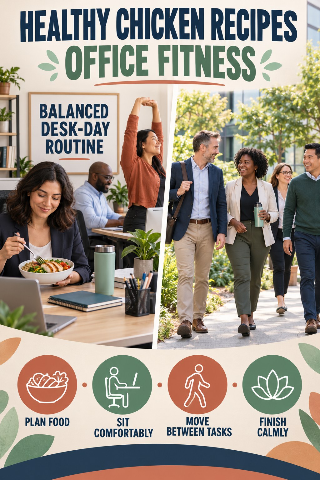 Healthy Chicken Recipes office-fitness graphic titled Balanced Desk-Day Routine with four practical workday movement prompts.
