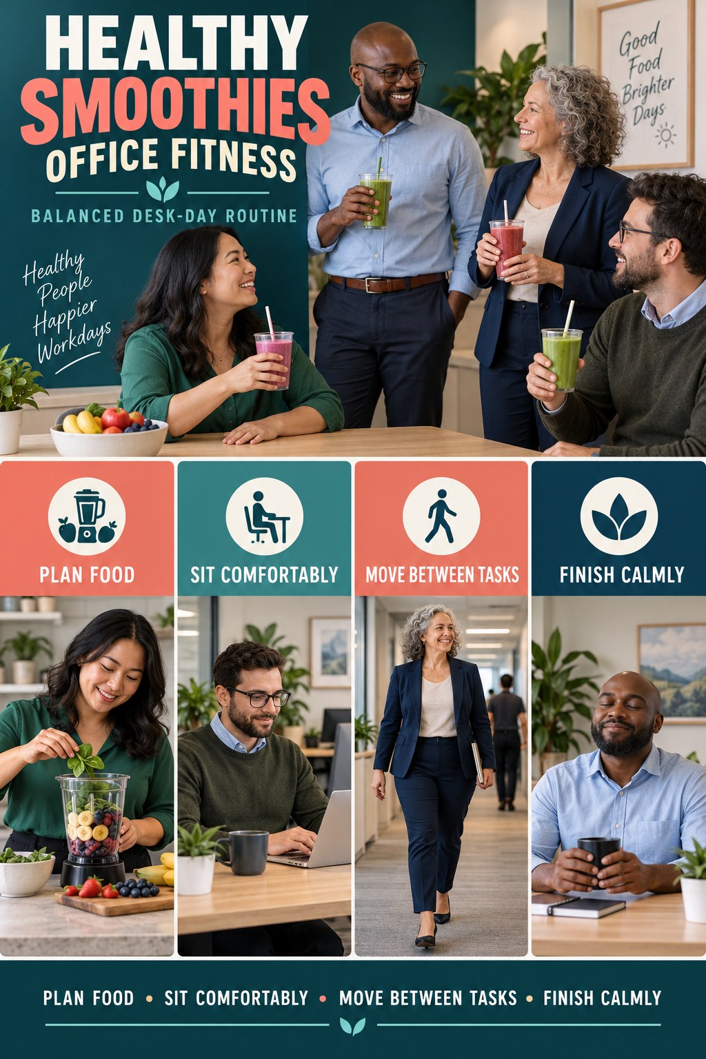 Healthy Smoothies office-fitness graphic titled Balanced Desk-Day Routine with four practical workday movement prompts.