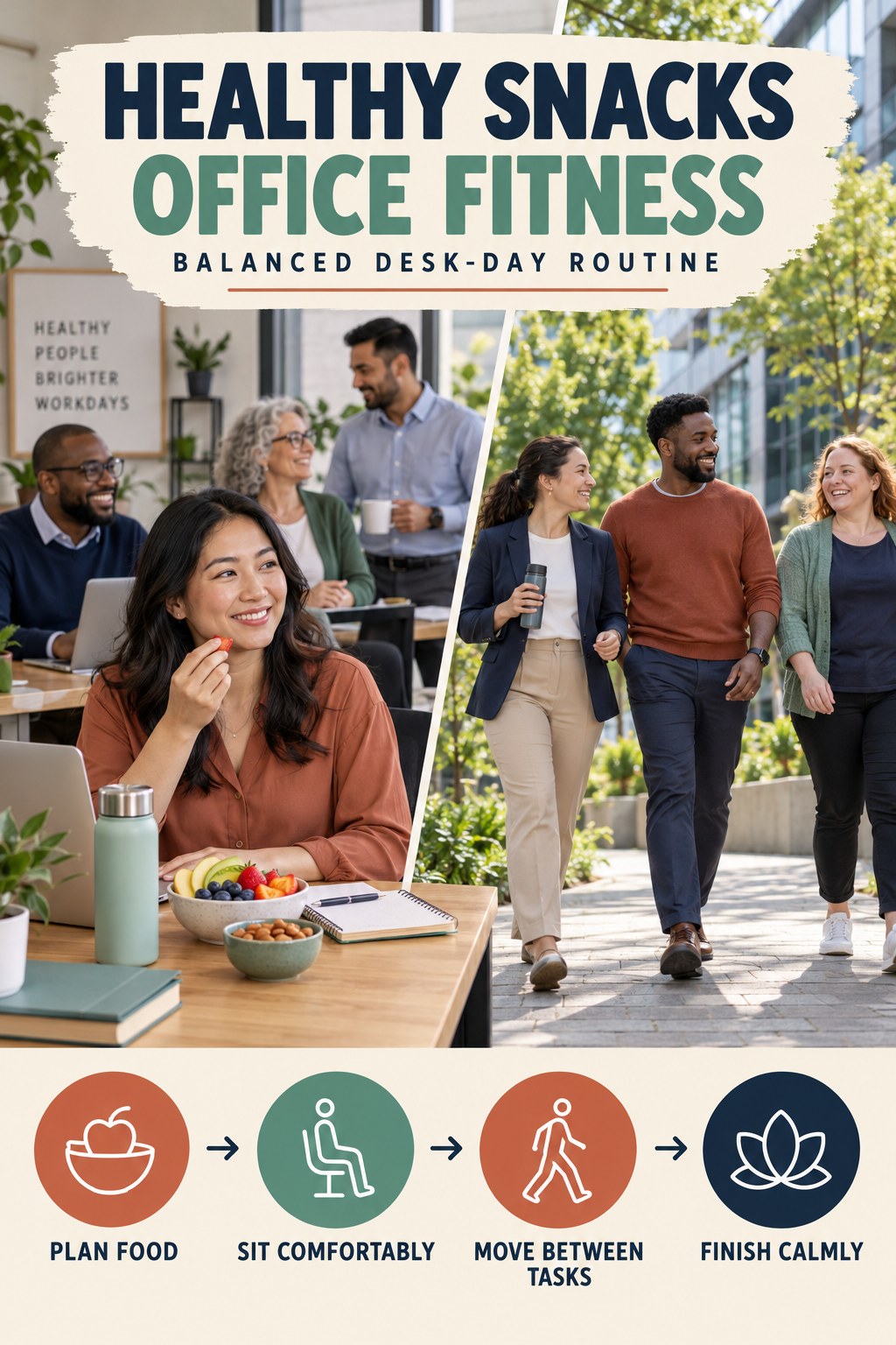 Healthy Snacks office-fitness graphic titled Balanced Desk-Day Routine with four practical workday movement prompts.