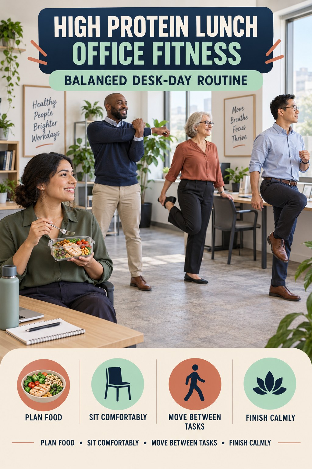 High Protein Lunch office-fitness graphic titled Balanced Desk-Day Routine with four practical workday movement prompts.